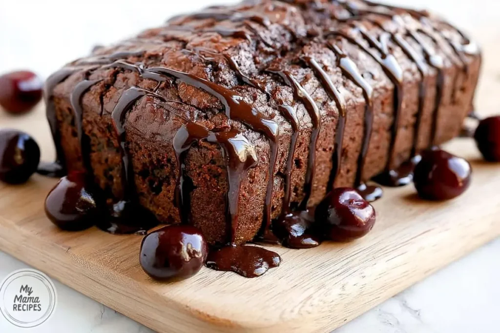 Chocolate Cherry Quick Bread loaf showing baked center and cherry pieces