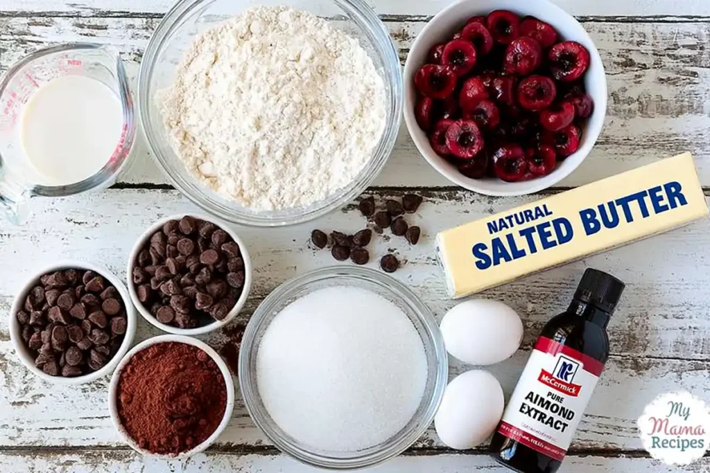 Chocolate Cherry Quick Bread ingredients with cherries cocoa and chocolate chips