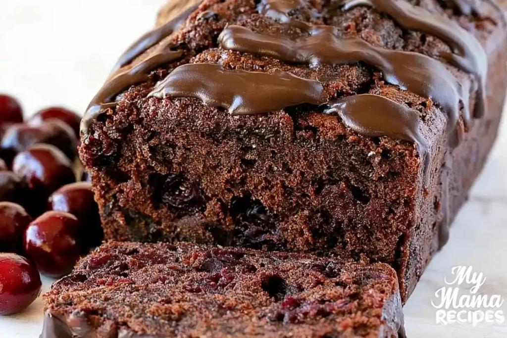 Chocolate Cherry Quick Bread serving slice with cherries and chocolate chips