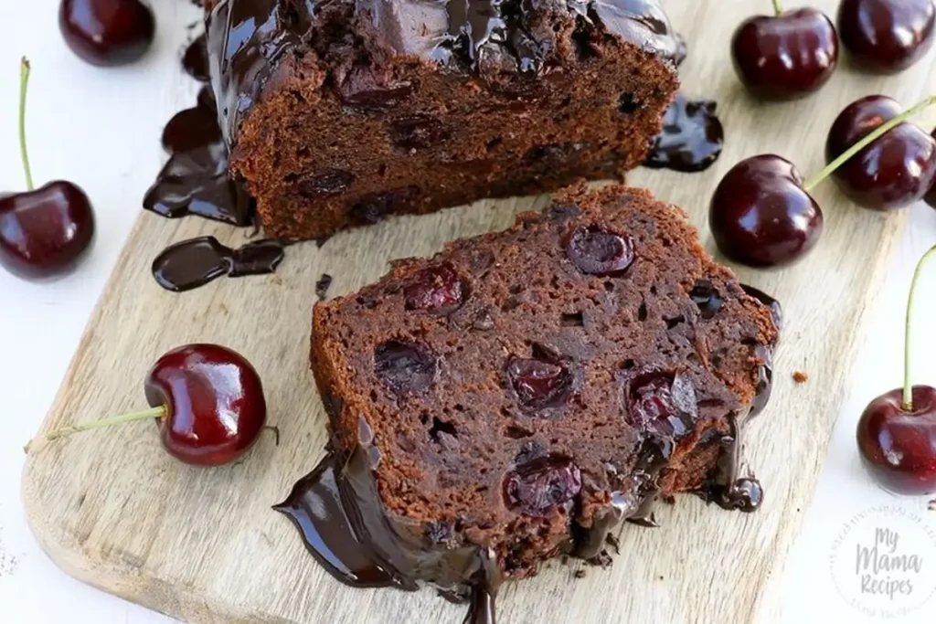 Chocolate Cherry Quick Bread slice showing moist cocoa crumb and cherries
