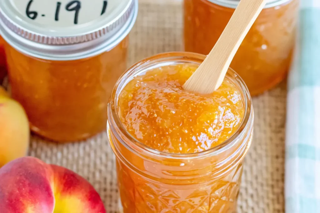 Finished Peach Freezer Jam in mason jars with fresh peaches
