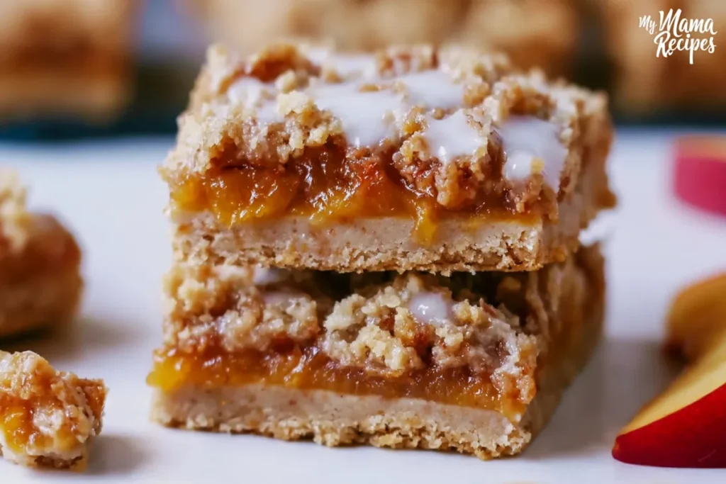 Fresh Peach Crumb Bars showing soft peach filling and crumb topping