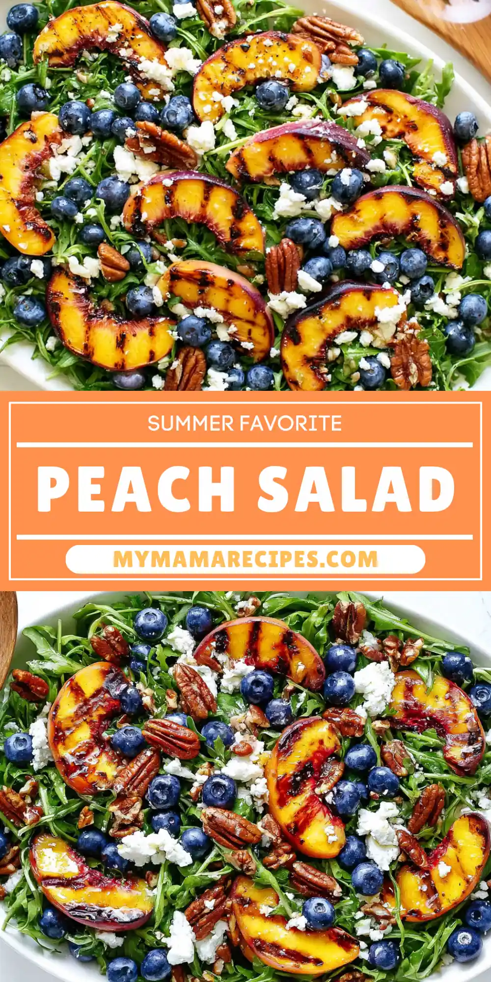 Grilled Peach Salad with Arugula, Blueberries, and Feta 6 Grilled Peach Salad recipe with arugula blueberries feta and pecans
