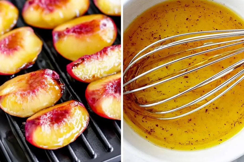 Grilled Peach Salad peaches on a grill pan with homemade vinaigrette