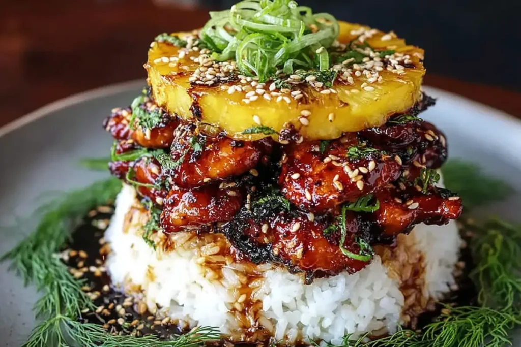 Hawaiian Huli Huli Chicken Stack with grilled pineapple over rice