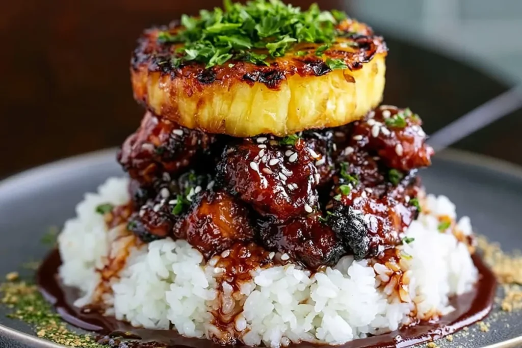 Hawaiian Huli Huli Chicken Stack recipe card with grilled chicken and pineapple