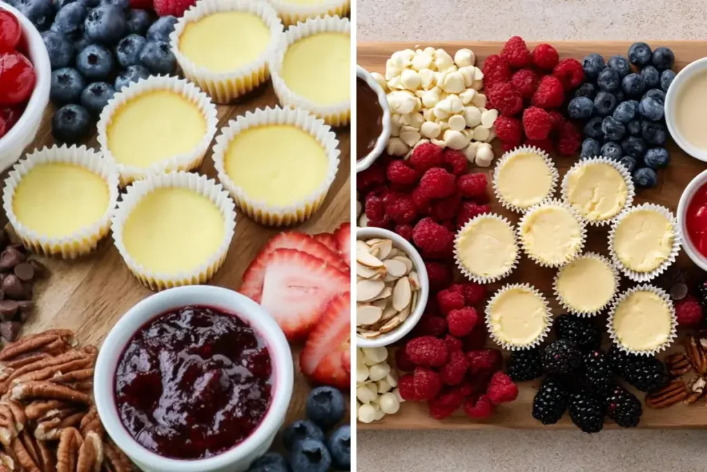 Mini Cheesecake Board detail with chocolate chips nuts and berry sauce