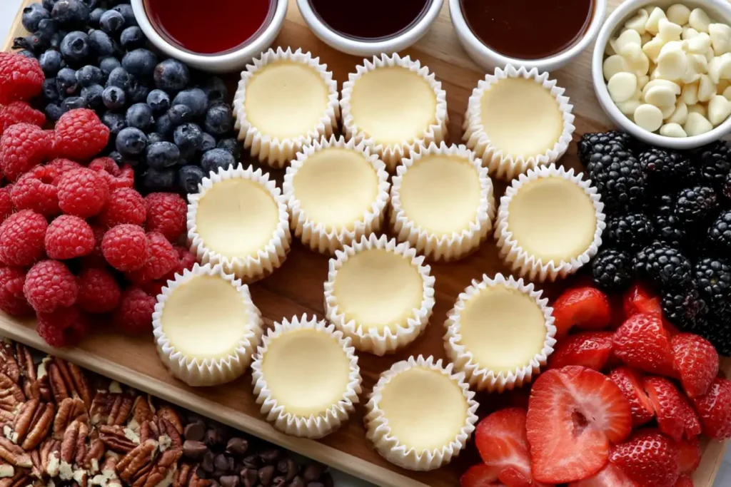 Mini Cheesecake Board assembled with baked cheesecakes and fresh toppings