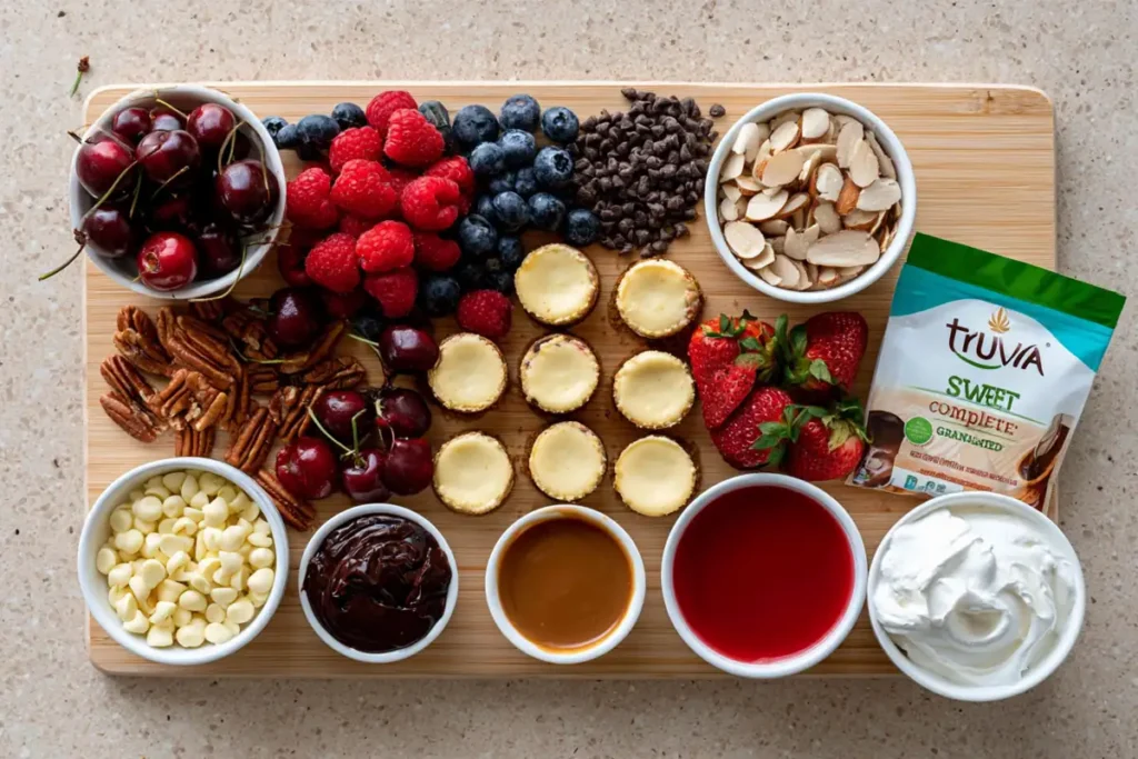 Mini Cheesecake Board detail with mini cheesecakes berries and sauce