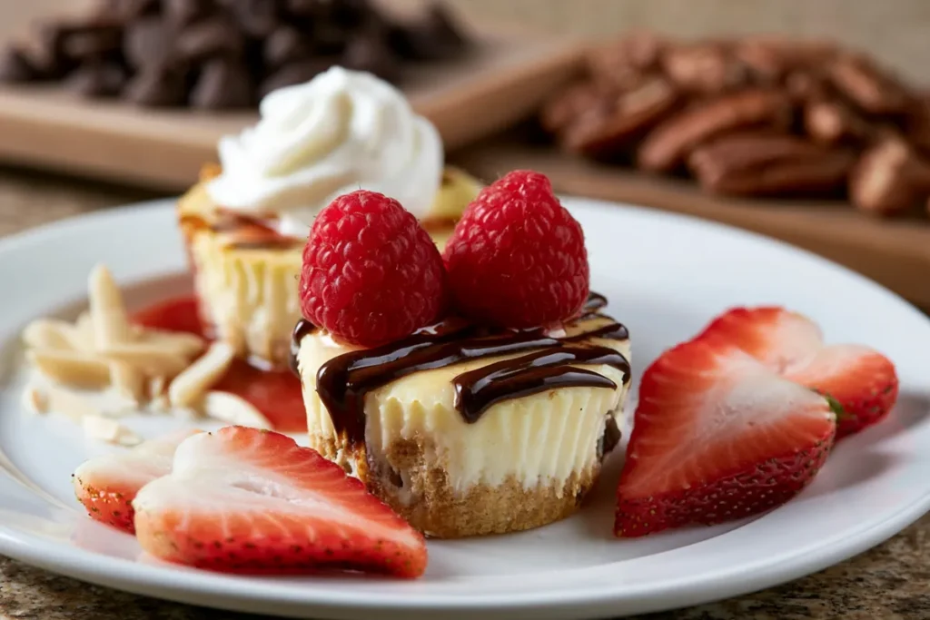 Mini Cheesecake Board plate with chocolate berries and whipped cream