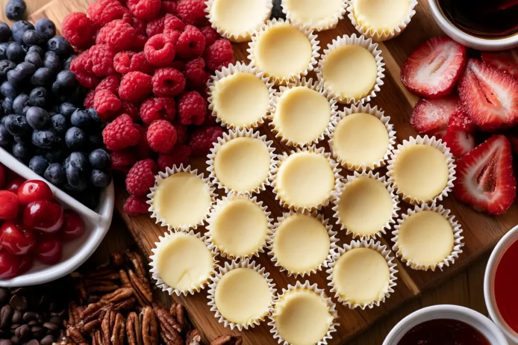 Mini Cheesecake Board closeup with berries chocolate and nuts