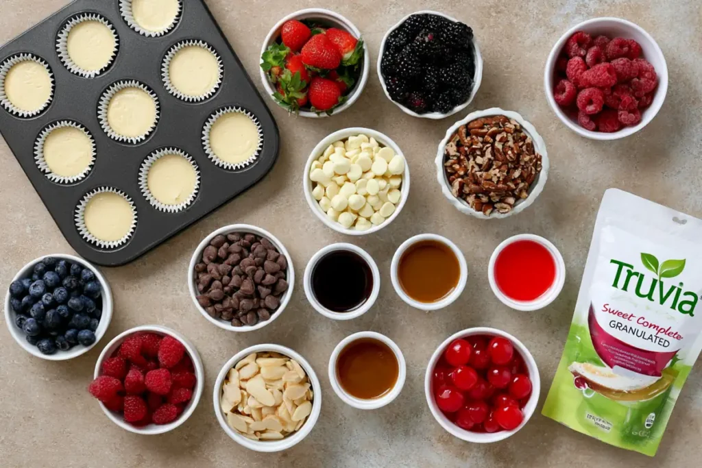 Mini Cheesecake Board cooled mini cheesecakes with sauces and berries
