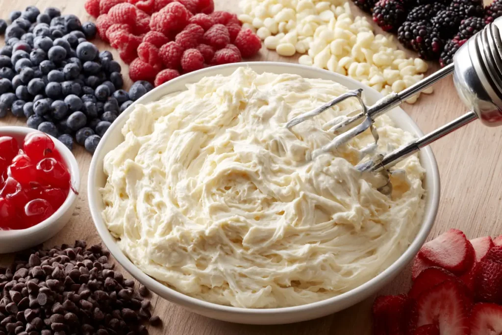 Mini Cheesecake Board creamy cheesecake filling in a mixing bowl