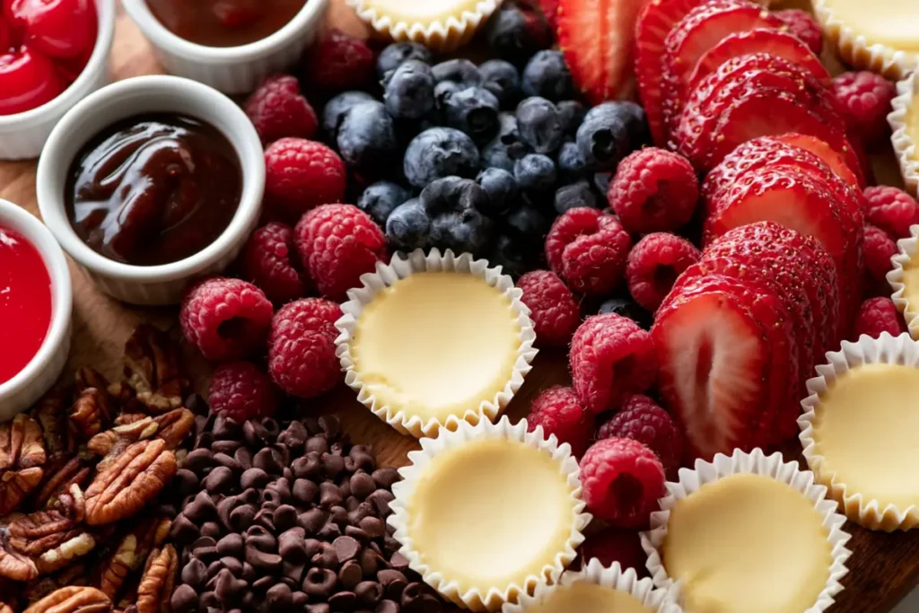 Mini Cheesecake Board elements with cheesecakes berries sauces and nuts