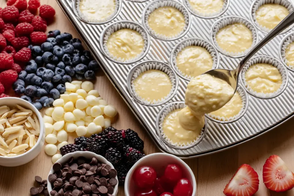 Mini Cheesecake Board filling spooned into muffin liner crusts