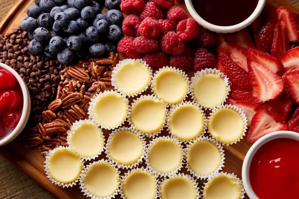 Mini Cheesecake Board final closeup with cheesecakes berries chocolate and nuts