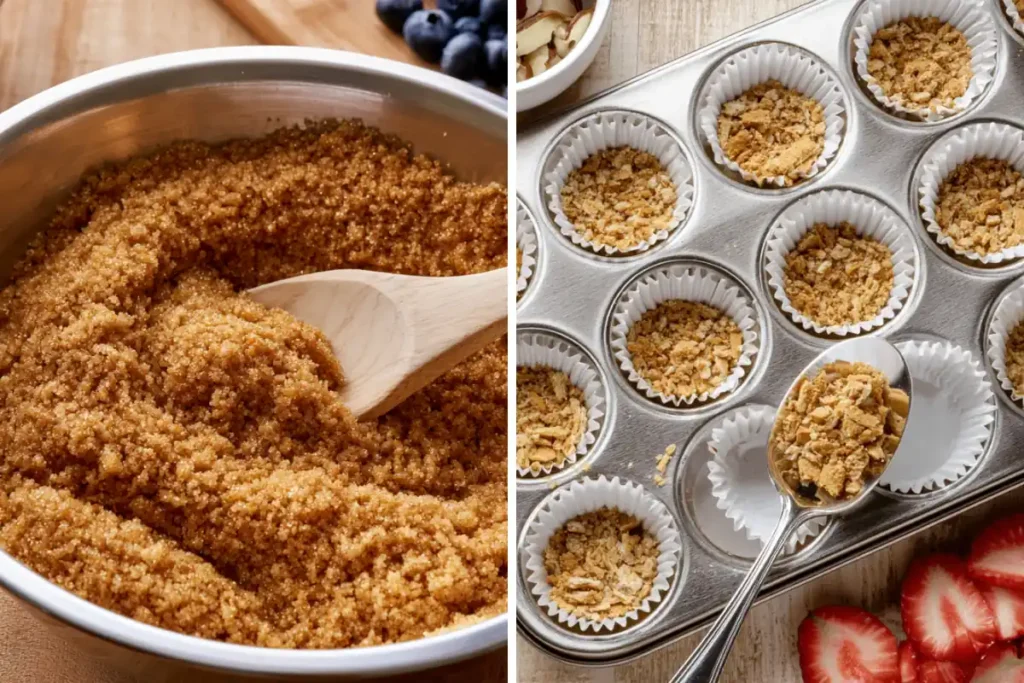 Mini Cheesecake Board pressed graham cracker crusts in muffin liners