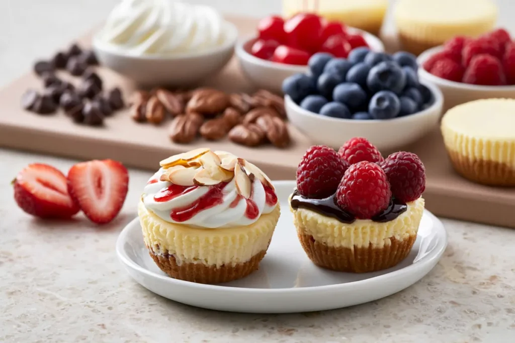 Mini Cheesecake Board served with berries whipped cream and chocolate