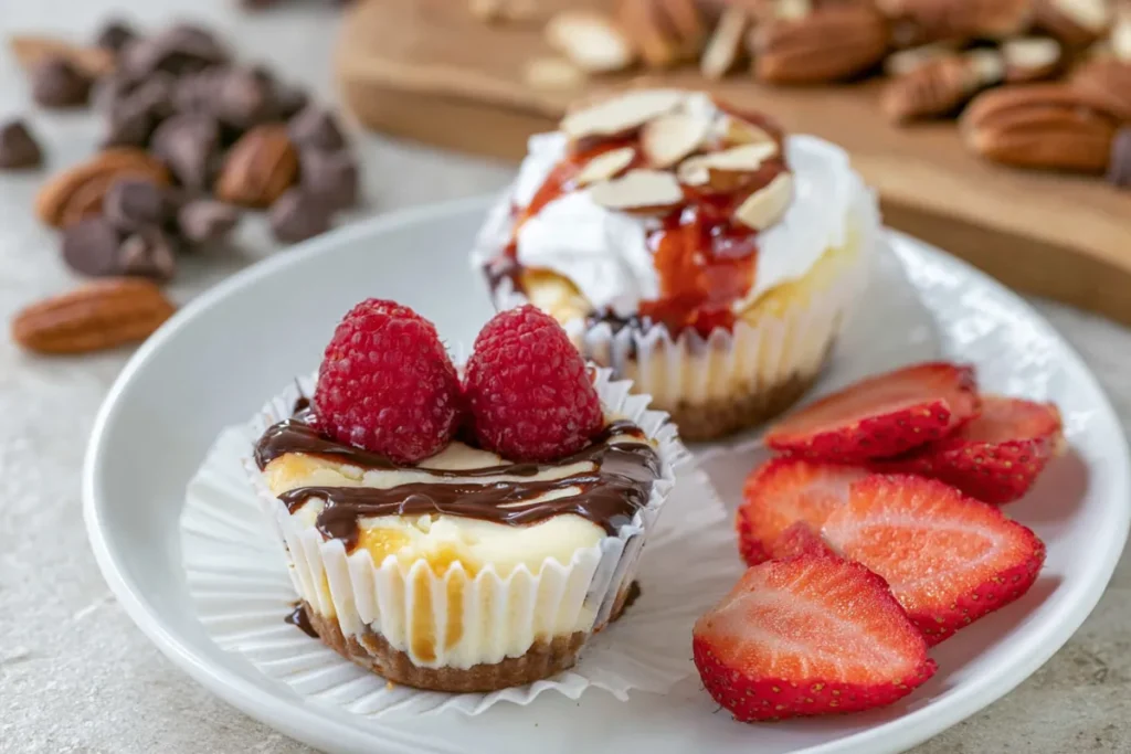 Mini Cheesecake Board topped bites with berries and chocolate
