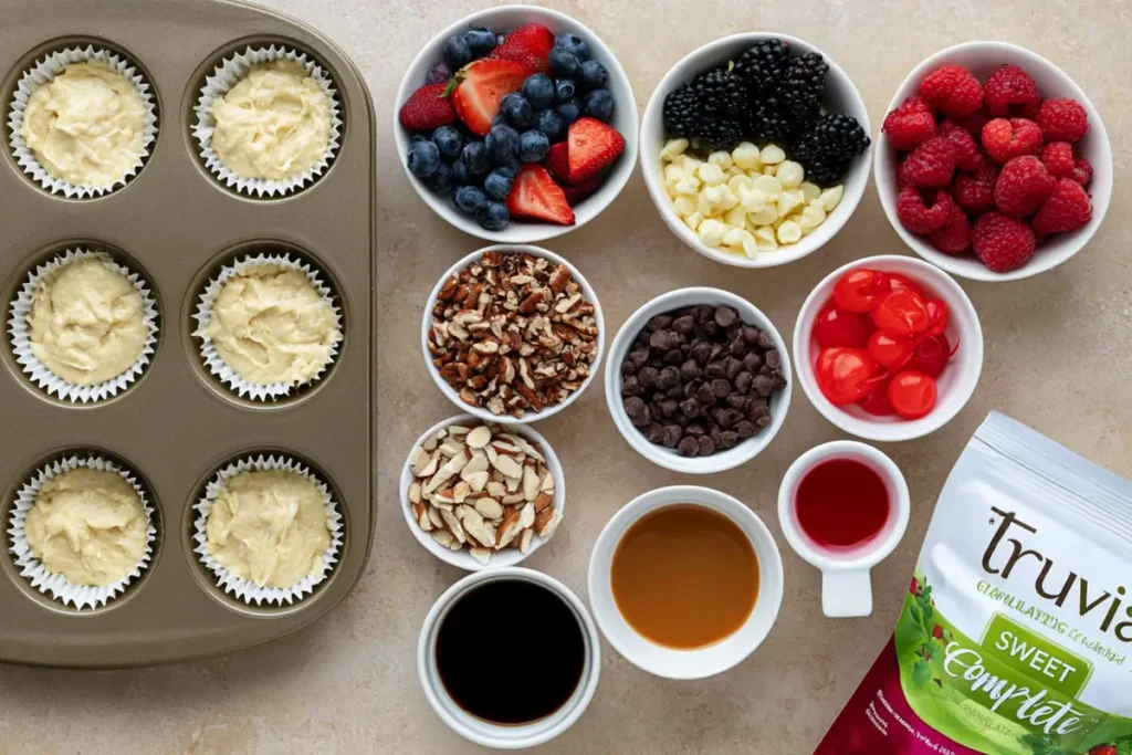 Mini Cheesecake Board topping ingredients with berries chocolate and nuts