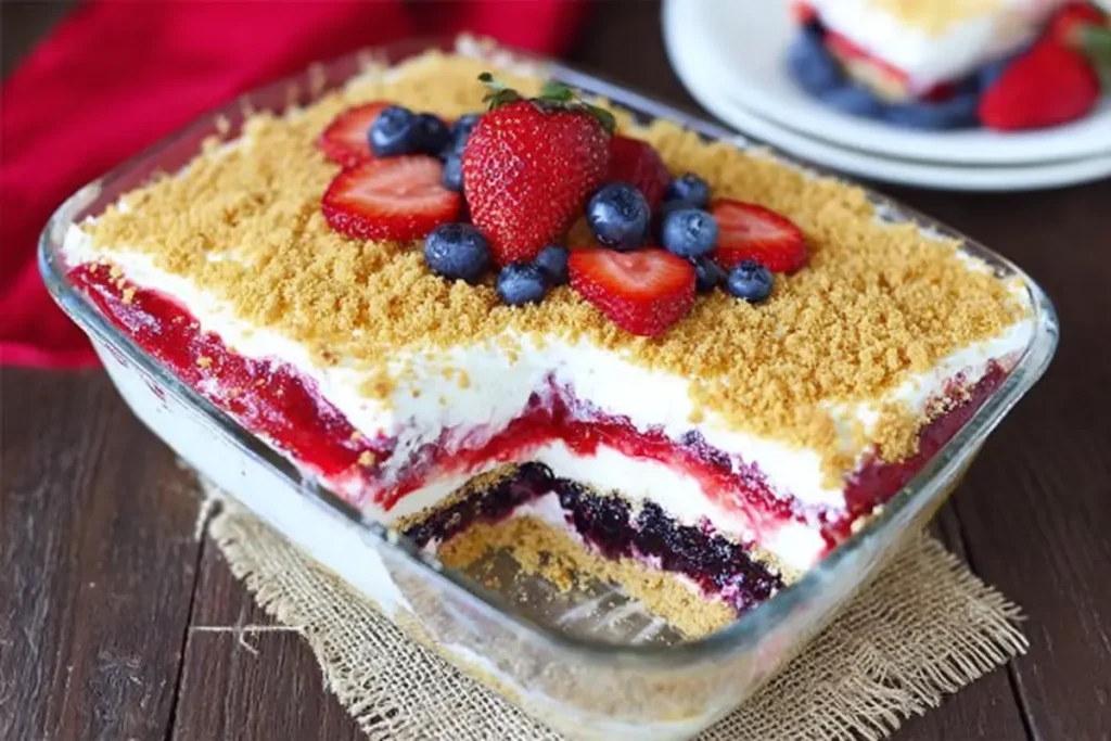 Clean layers of mixed berry yum yum in a glass baking dish