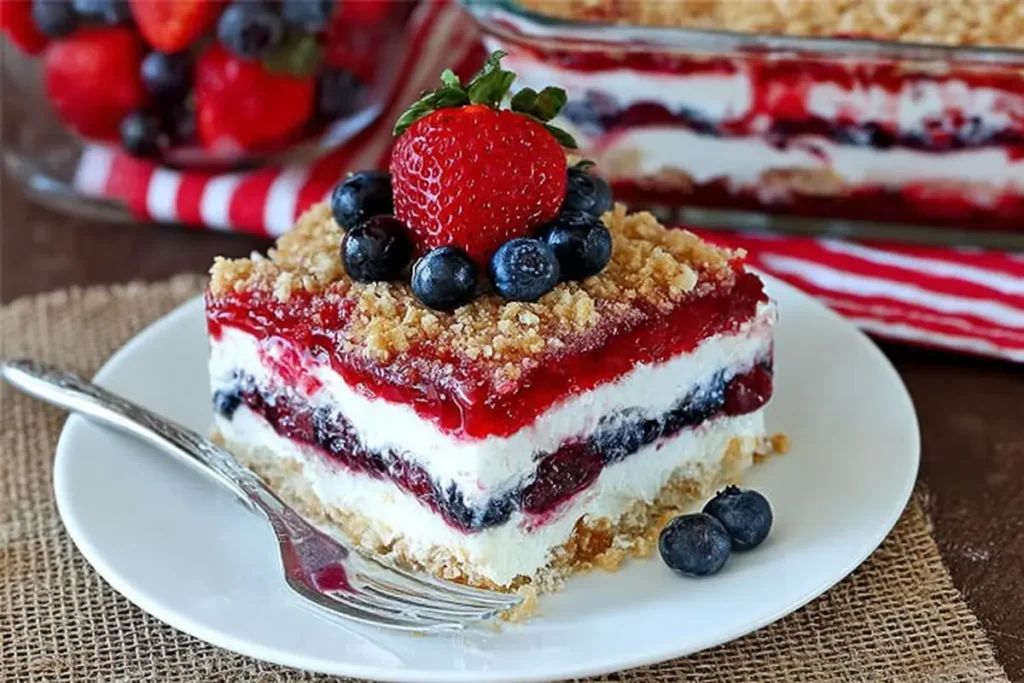 Plated slice of mixed berry yum yum with strawberry and blueberry layers