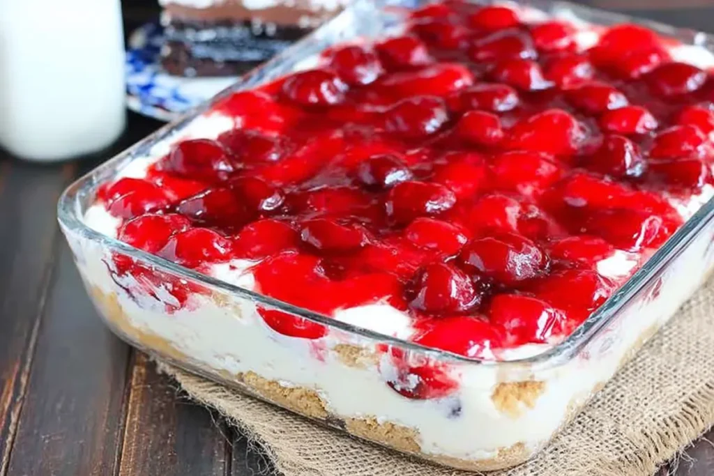 Strawberry pie filling dollops on mixed berry yum yum cream layer