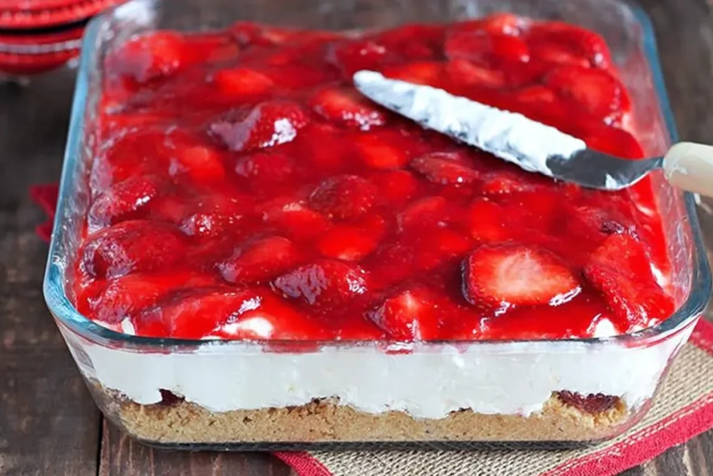 Strawberry layer spread over cream in mixed berry yum yum recipe