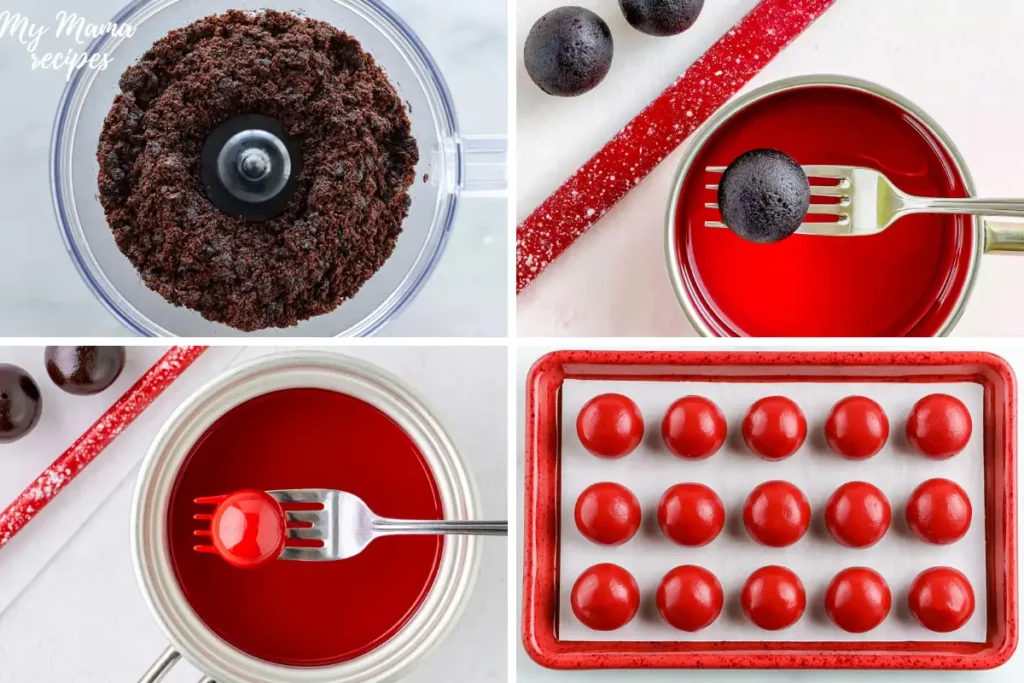 Patriotic Oreo balls coating process with red candy melts and Oreo crumb filling