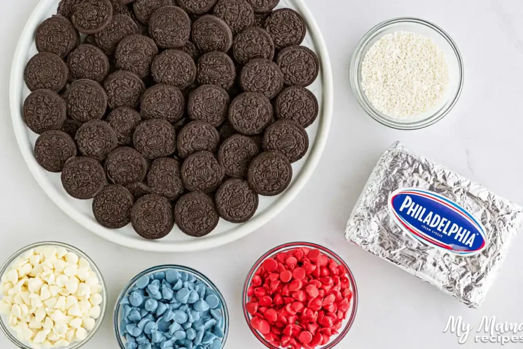 Patriotic Oreo balls ingredients with Oreos cream cheese and red blue candy melts
