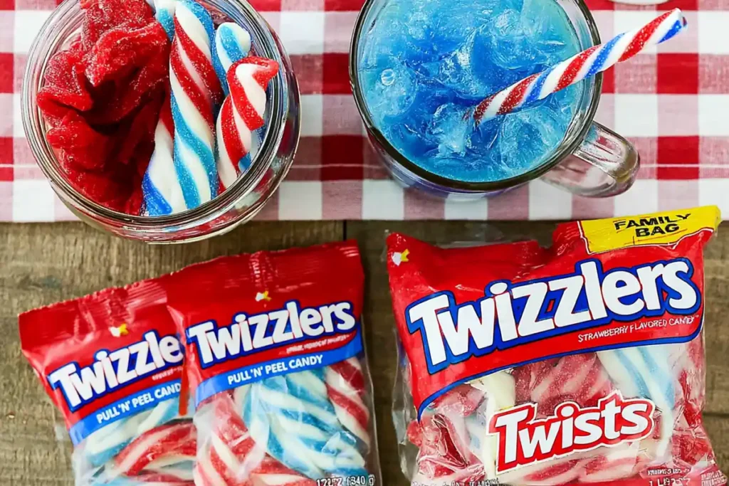 Patriotic punch candy straw setup with red white and blue candy