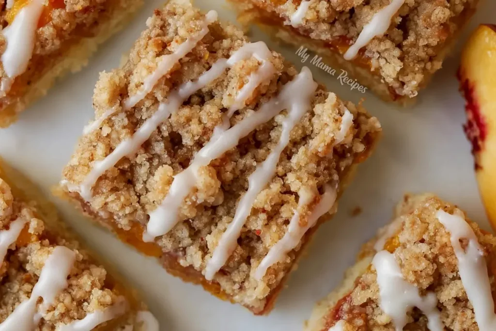 Peach Crumb Bars with icing and golden cinnamon crumb topping