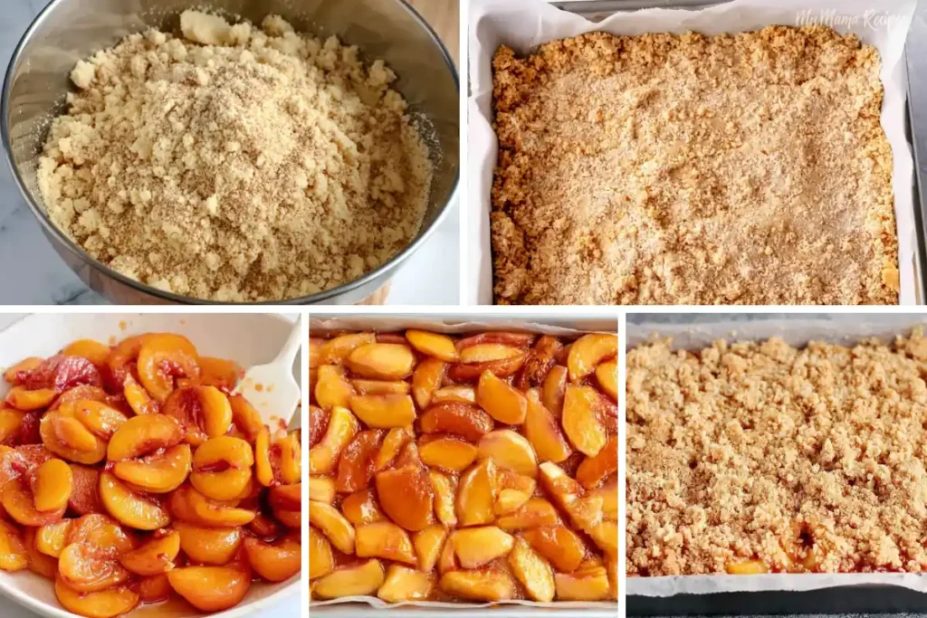 Peach Crumb Bars process with crumb crust peach filling and topping