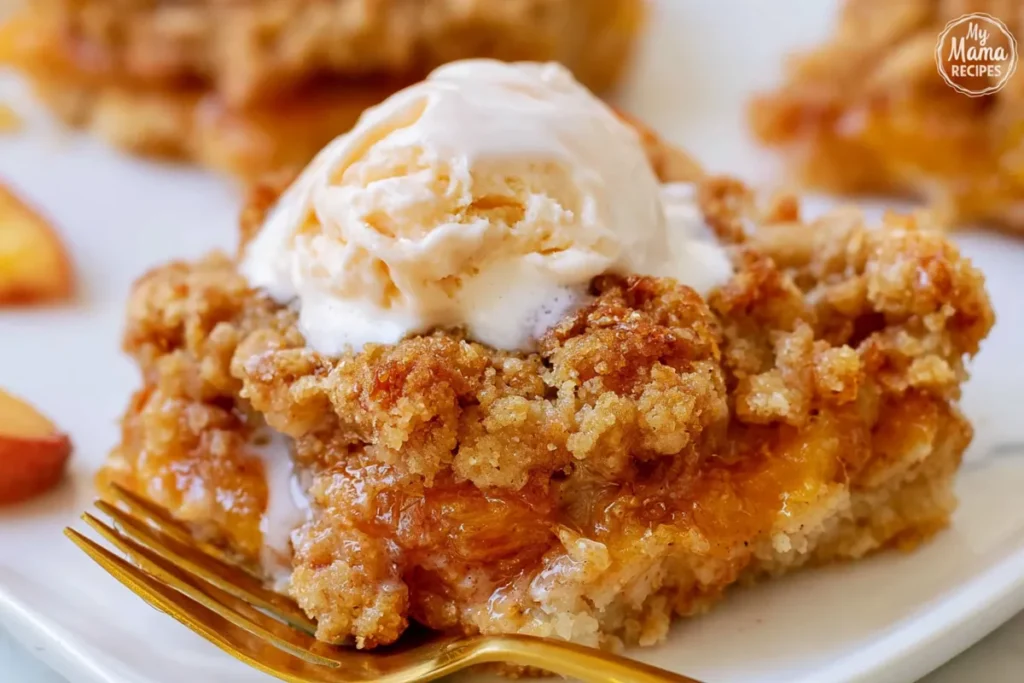Peach Crumb Bars served warm with vanilla ice cream