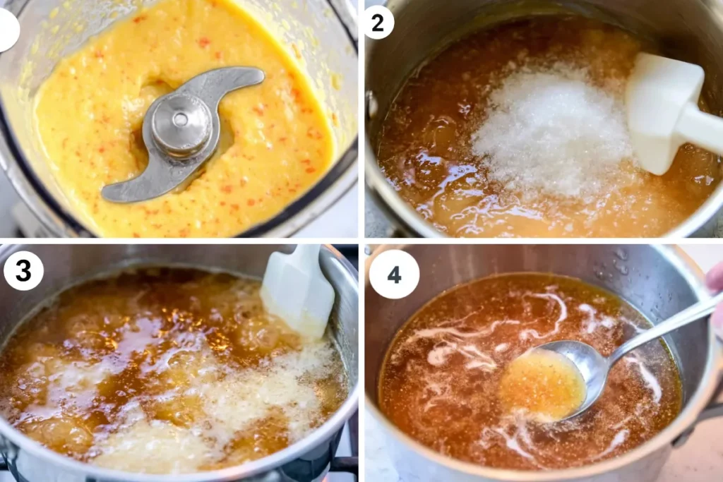 Peach freezer jam cooking stages with mashed peaches and sugar