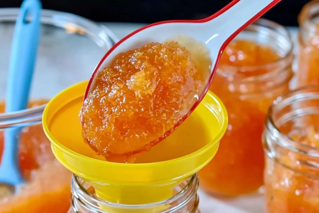 Peach freezer jam poured into freezer-safe jars with space at the top