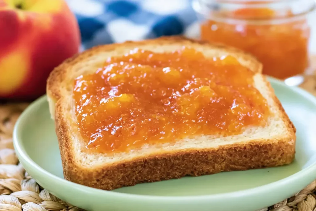 Peach freezer jam spread on toast with fresh peaches and jars