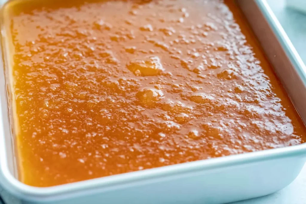 Peach freezer jam setting in a 9x13 pan