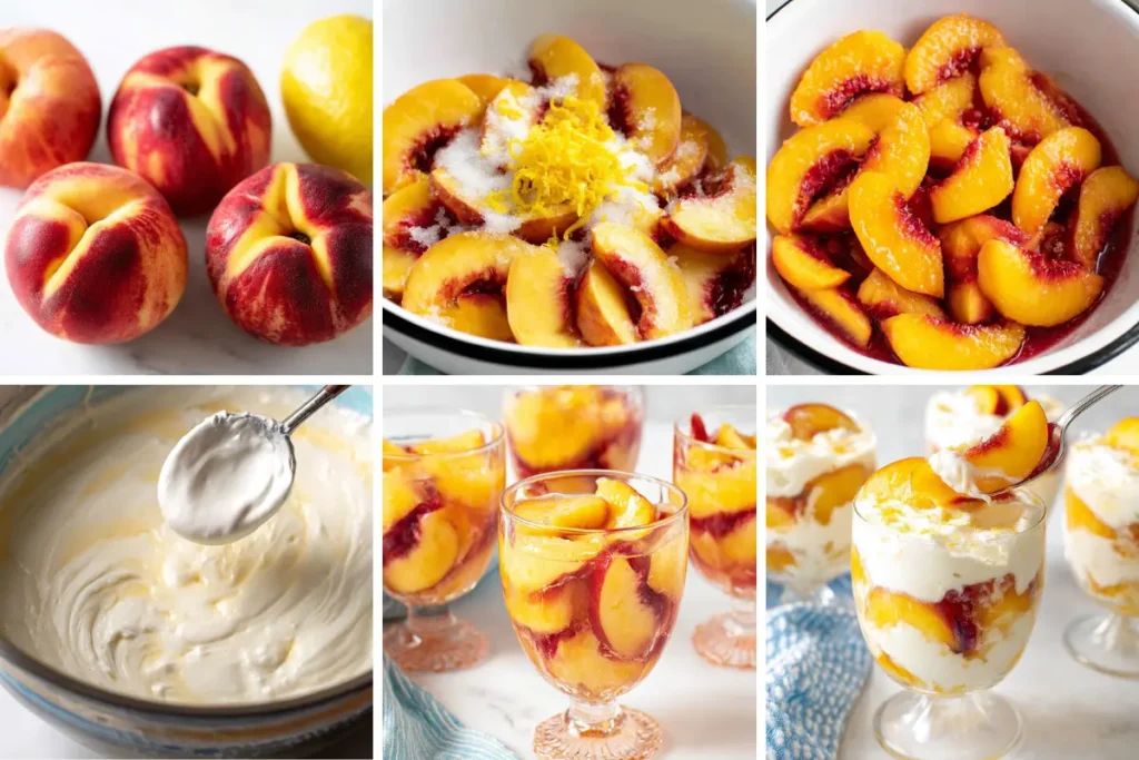 Peaches and cream recipe preparation with fresh peaches, lemon zest, sugar, and whipped cream