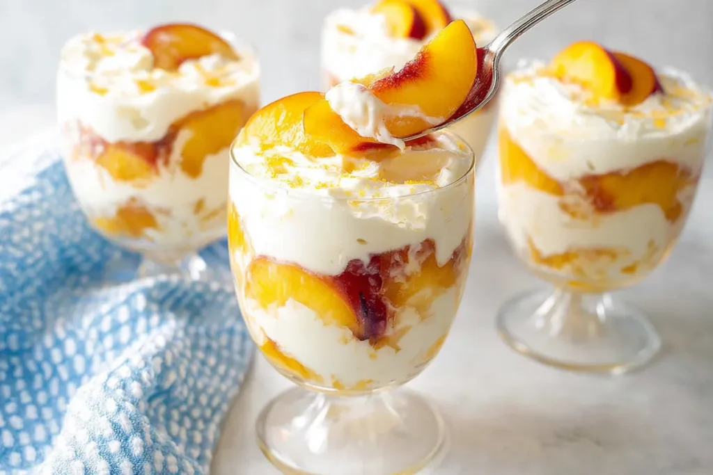Peaches and cream recipe served in a glass cup with whipped cream and fresh peach slices