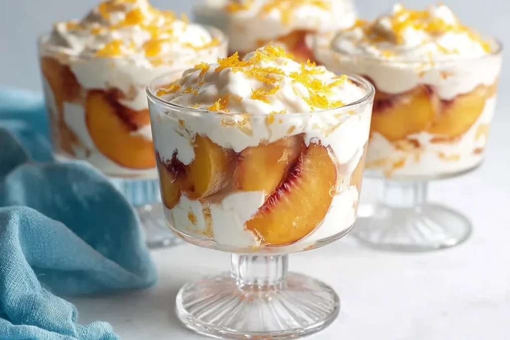 Peaches and cream recipe with soft whipped cream and lemon zest in glass dessert cups