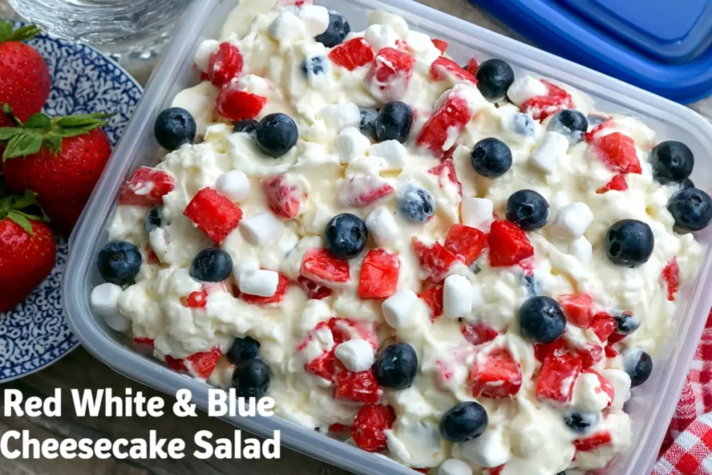 Creamy red white and blue cheesecake salad with berries and mini marshmallows close up