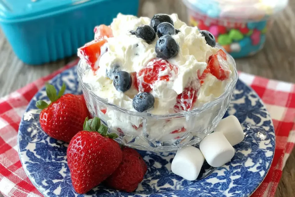 Red white and blue cheesecake salad served in a glass dessert bowl with strawberries and blueberries