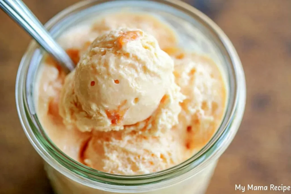 Nectarine Frozen Yogurt served in a small glass bowl with a spoon