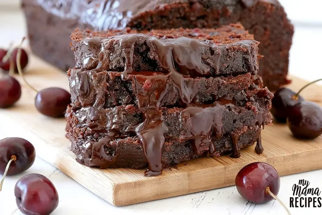 Sliced Chocolate Cherry Quick Bread with chocolate glaze and fresh cherries